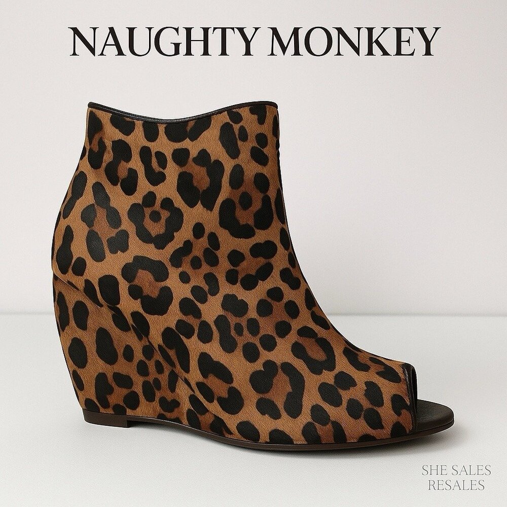 Naughty Monkey ‘Kuda’ Leopard Cow Hair Peep Toe Wedge Booties Women’s 3” Heel 7M